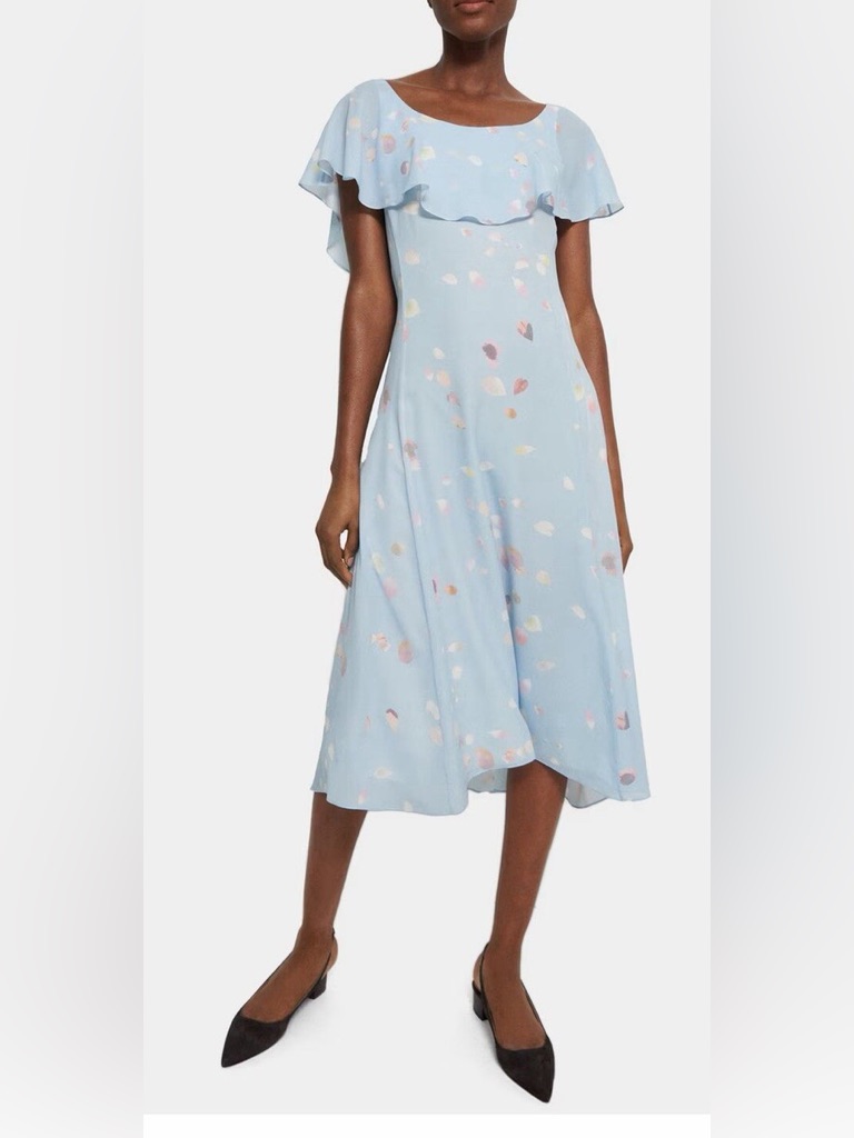 Theory Silk Ruffle Midi Dress Blue Floral Size 4